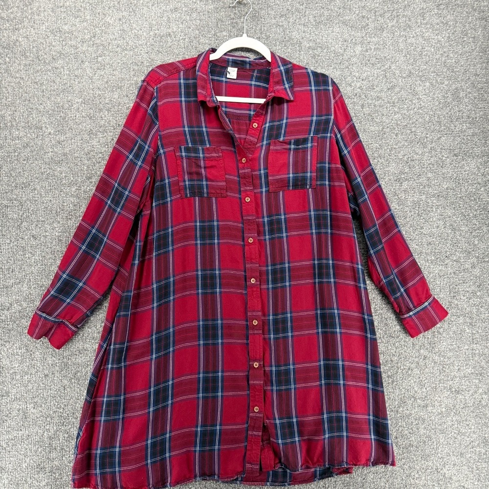 Old Navy Dress Size L Red Blue Plaid Button Casual Cottagecore Western Grunge